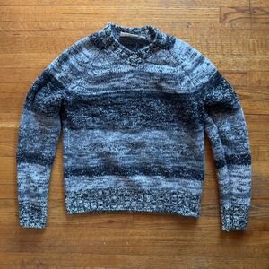 Vintage Express Sweater Mens Medium Gray Black Knit Striped Wool Blend Crew Neck